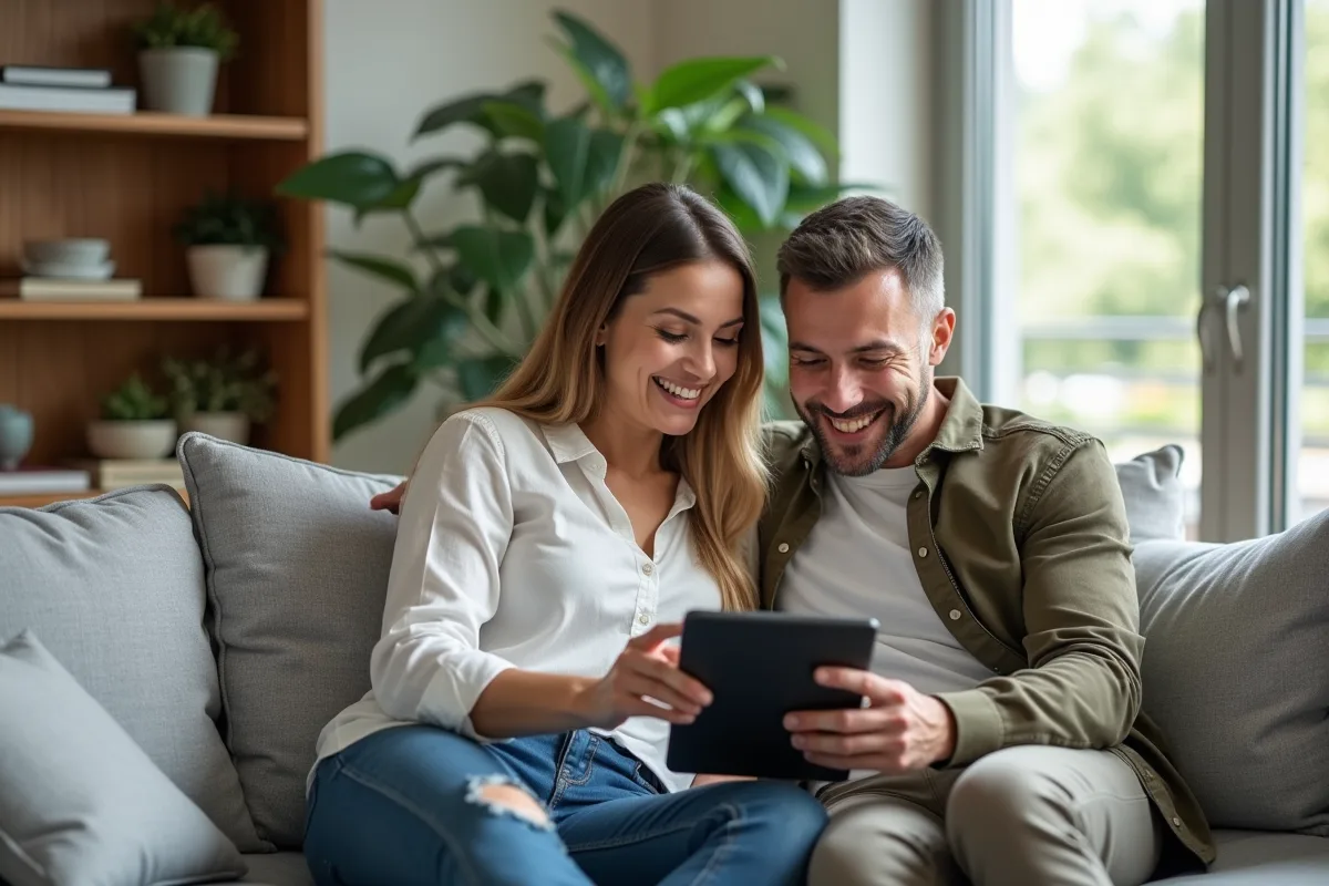 Couple souriant dans un salon moderne avec tablette