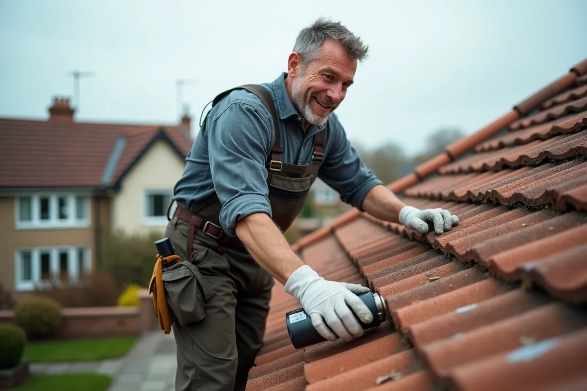 Ouvrier couvreur appliquant un traitement sur le toit en tuiles