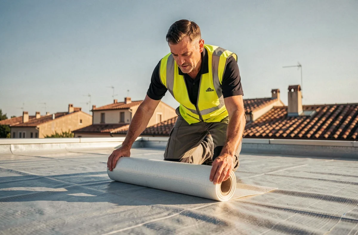 Spécialiste de l'entreprise Cover Sa déroulant une membrane d'isolation étanche sur une toiture plate avec les toits d'Aix-en-Provence en arrière-plan