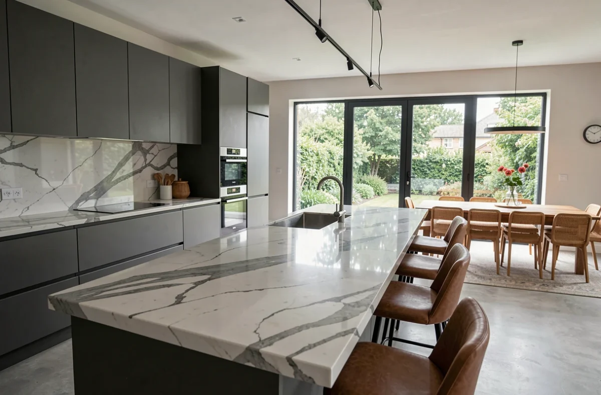 Cuisine ouverte sur séjour aménagée par un architecte d'intérieur avec îlot en marbre Calacatta, meubles anthracite et tabourets en cuir naturel