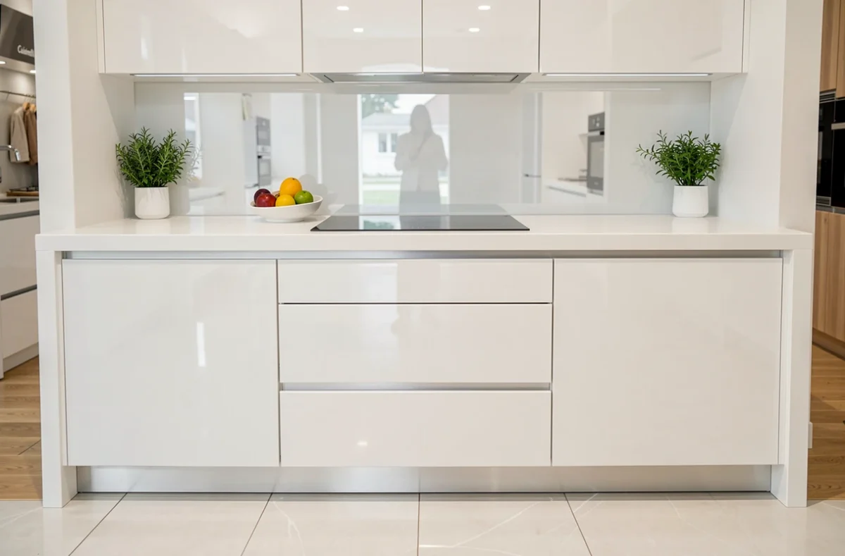 Cuisine laquée blanc brillant avec plan de travail effet cascade exposée dans le showroom Cuisinella dans la Vienne