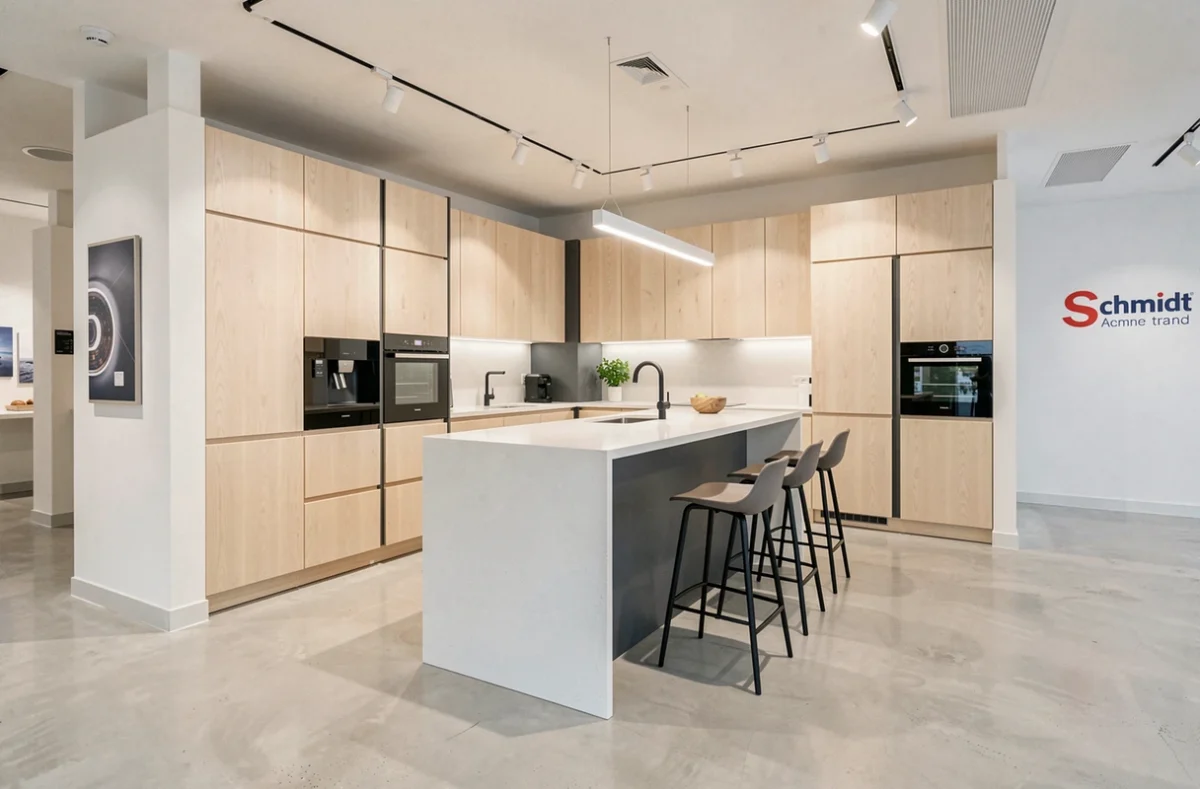 Cuisine Scandinave en bois de bouleau clair avec îlot en quartz exposée dans le showroom Cuisines Schmidt à Poitiers