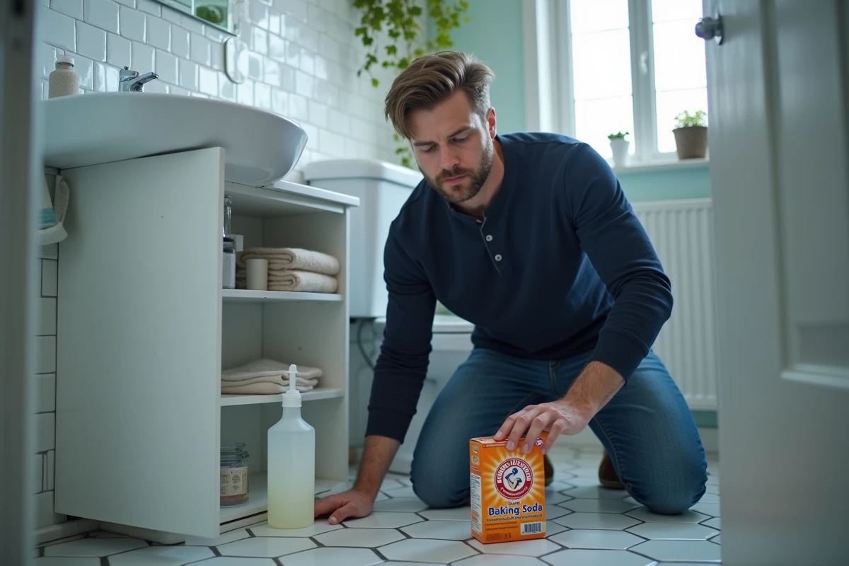 Homme préparant du bicarbonate de soude et du vinaigre blanc pour déboucher un évier de salle de bain encombré
