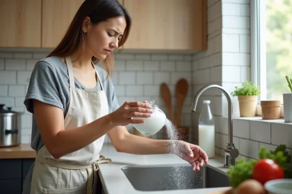 Femme versant du bicarbonate de soude dans un évier bouché pour le déboucher en urgence avant un dîner