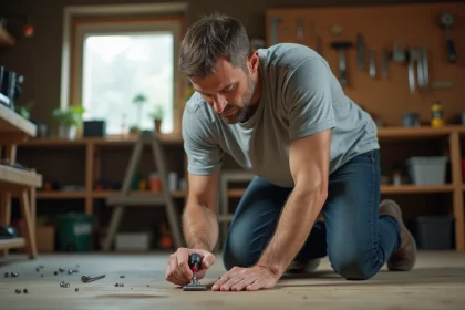 Homme débutant en bricolage vissant une équerre métallique avec un tournevis dans un atelier en bois