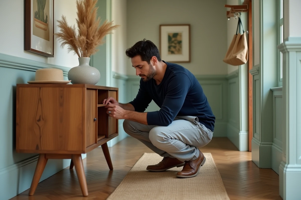 Homme arrangeant un vase en céramique avec herbe de la pampa sur un meuble en bois dans un couloir décoré avec goût et raffinement