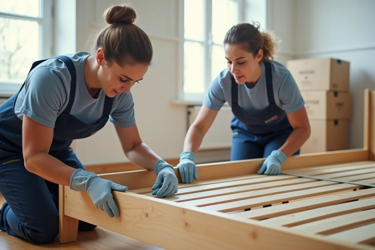 Deux demenageurs professionnels assemblent un lit en bois dans une chambre lumineuse