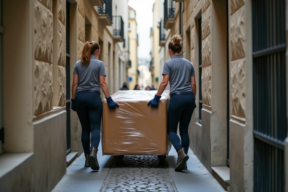 Déménageurs manœuvrant un meuble dans une ruelle étroite à Montmartre