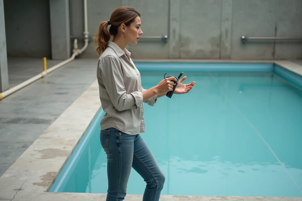 Femme montrant la pose de joint dans une piscine intérieure vide