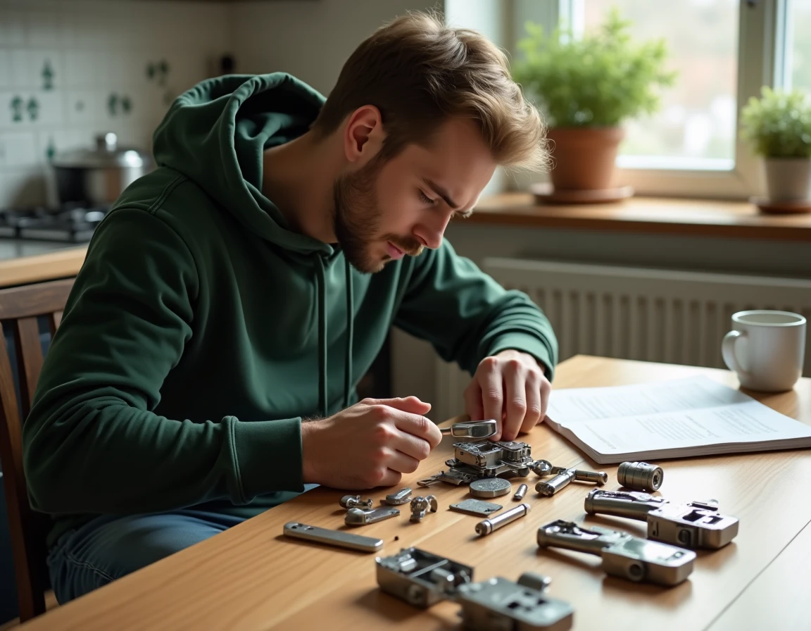 Jeune homme démontant une serrure sur une table de cuisine pour la réparer lui-même avec un manuel d'instructions