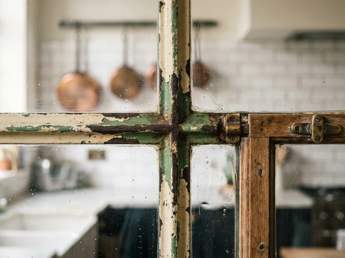 Détail gros plan des ferrures et du verre soufflé légèrement ondulé d'une verrière art déco dans un appartement ancien