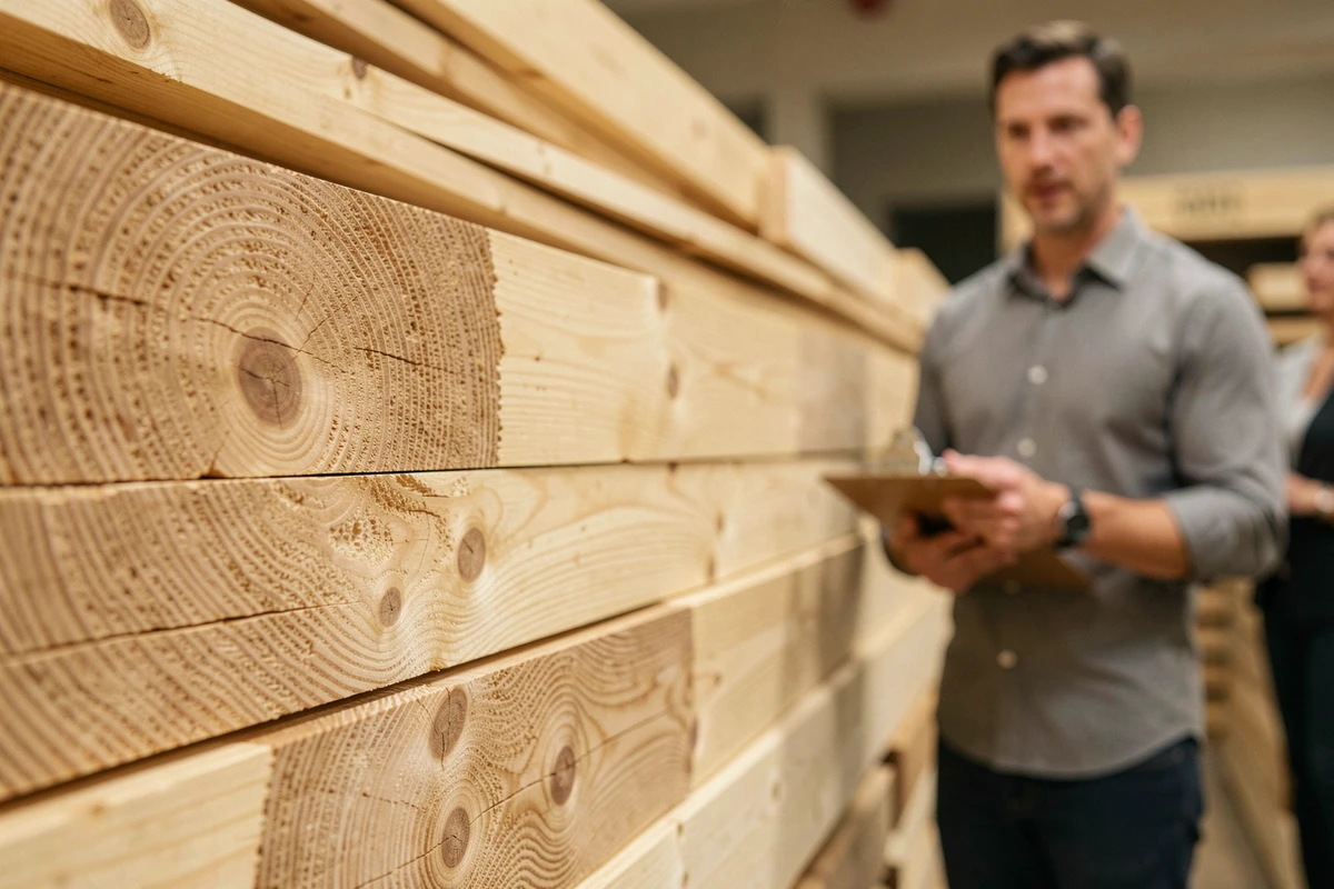 Détail en gros plan de planches de parquet en pin massif dans un showroom de revêtements de sol