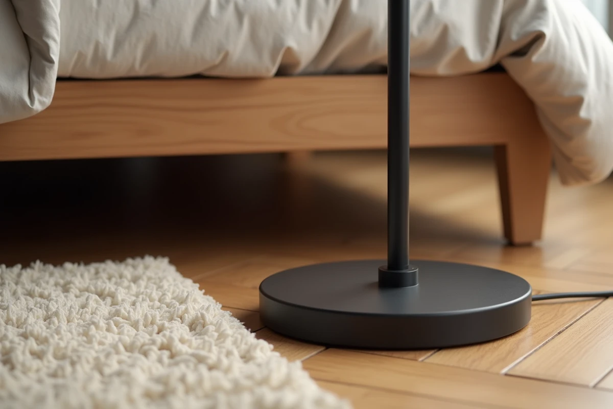 Détail du socle d'un lampadaire halogène noir mat posé sur un parquet chêne clair dans une chambre avec tapis en laine crème