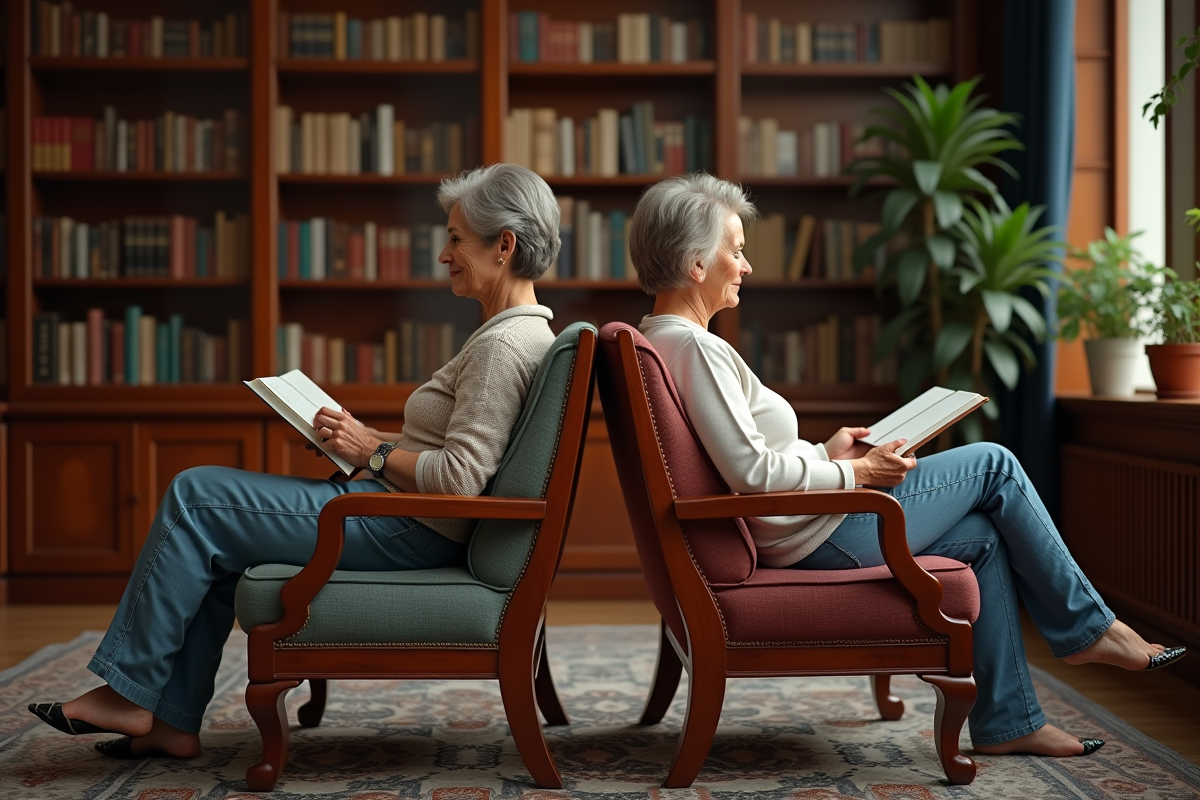 Deux femmes assises dos à dos dans une bibliothèque chaleureuse