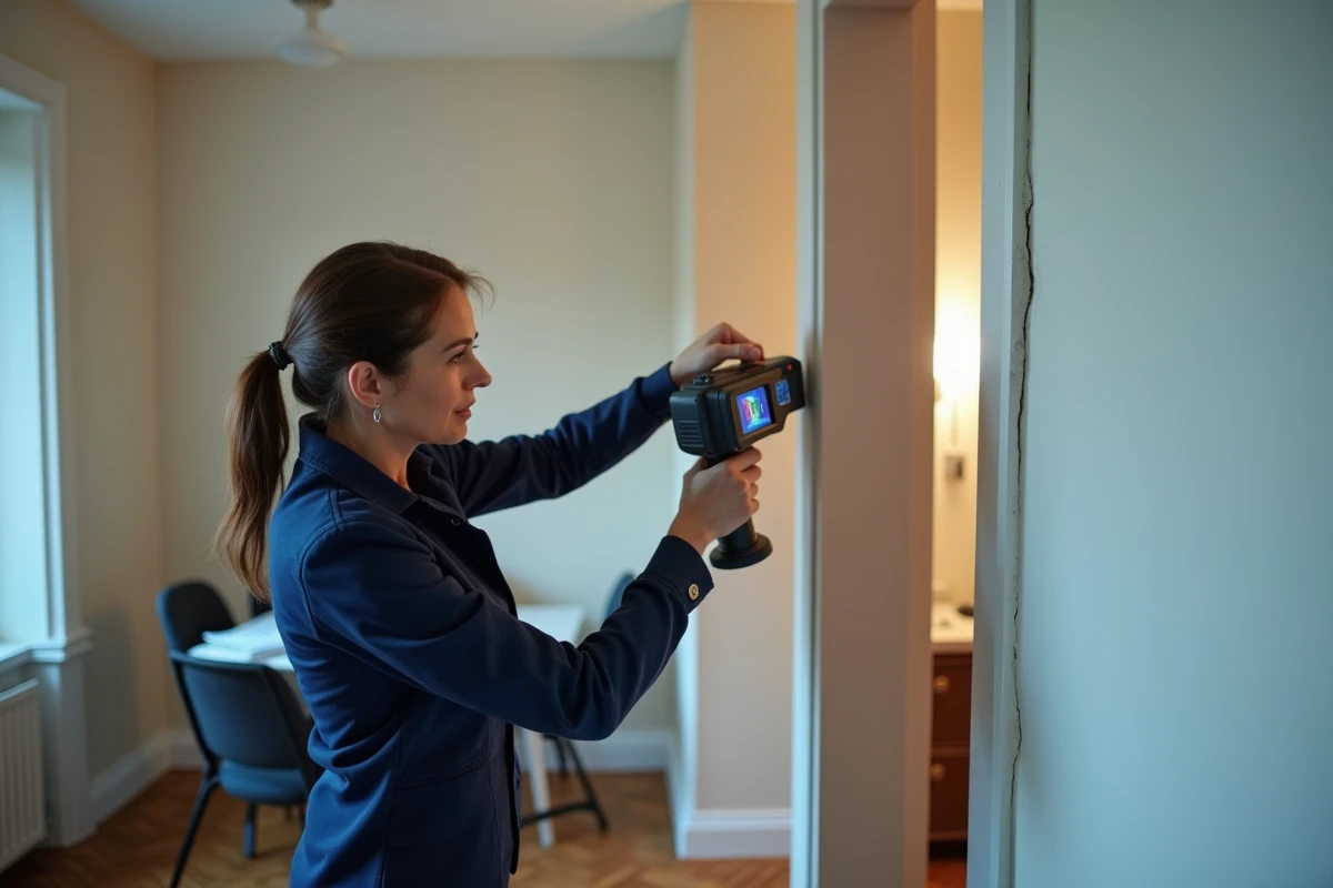 Professionnelle en diagnostic thermique détectant des ponts thermiques dans un angle de mur intérieur avec une caméra infrarouge