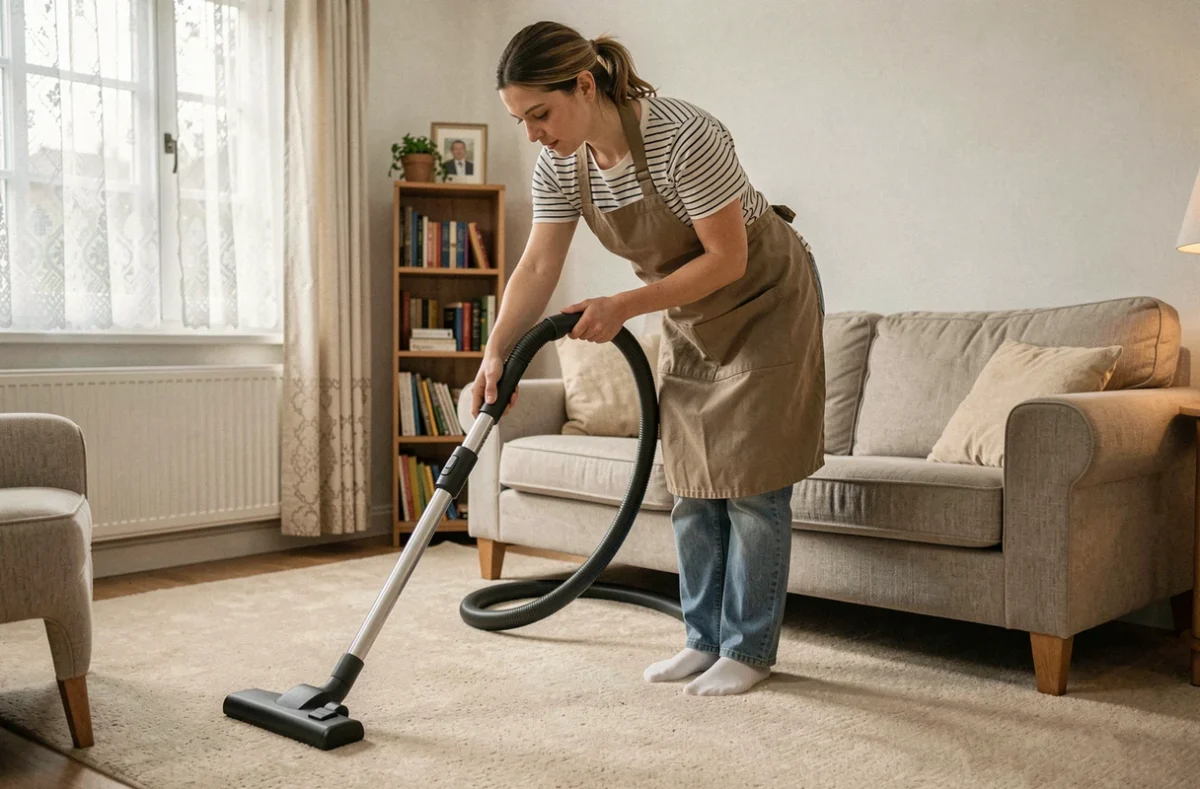 Employée de Domicile Clean passant l'aspirateur dans un salon résidentiel de l'arrondissement de Calais