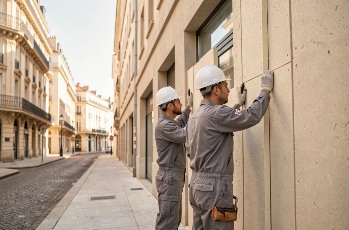 Deux techniciens de l'entreprise E2m installant des panneaux d'isolation rigide sur la façade d'un bâtiment contemporain à Marseille