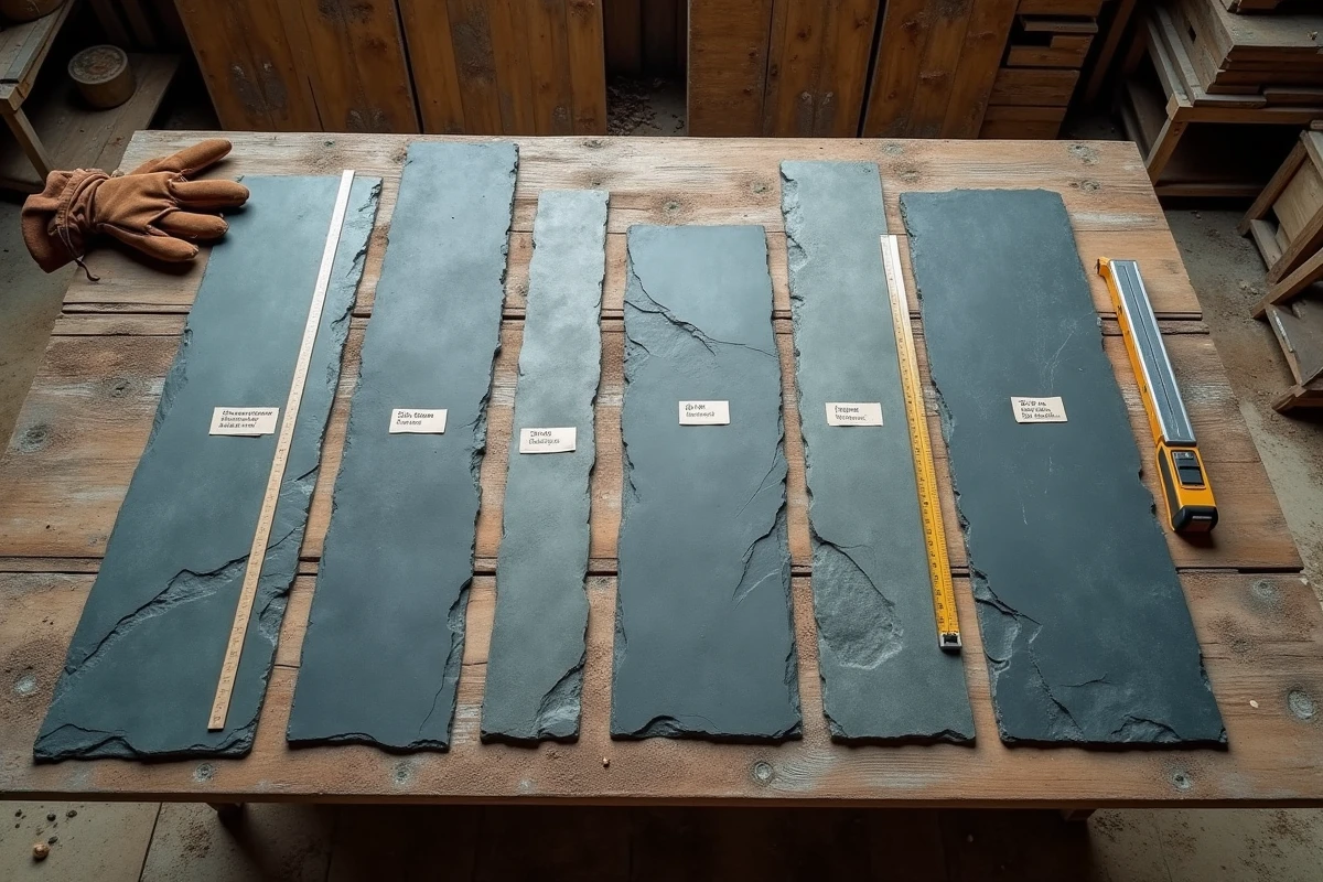 Échantillons d'ardoises de différentes tailles comparées sur un établi d'artisan couvreur avec règle et mètre ruban