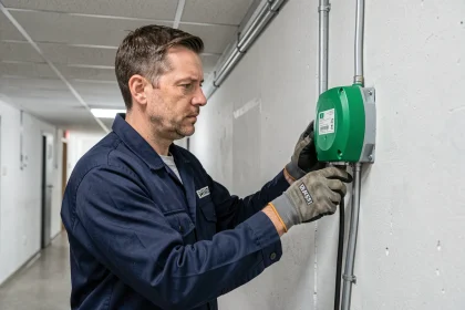 Électricien connectant un BAES à une boîte de jonction dans un couloir de bureau, illustrant le branchement d'un bloc autonome d'éclairage de sécurité