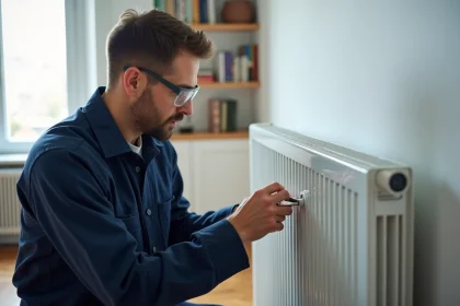 Électricien inspectant le câble d'un radiateur électrique mural dans un salon résidentiel