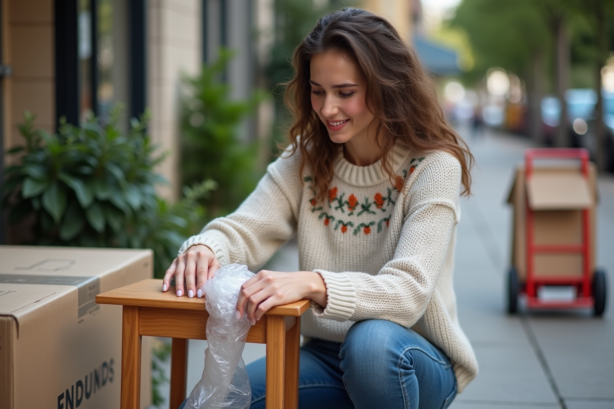 Jeune femme emballant une petite table en bois avec du papier bulle dehors