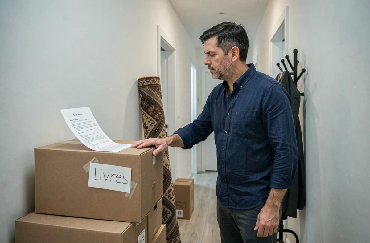 Homme lisant une fiche de grammaire française dans le couloir d'un appartement en cours d'emménagement entouré de cartons