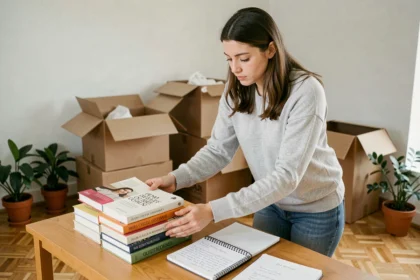 Jeune femme consultant des livres de grammaire française posés sur un bureau lors d'un emménagement dans un nouvel appartement