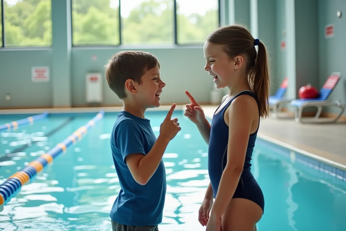 Deux enfants souriants pointant vers les flotteurs dans la piscine intérieure