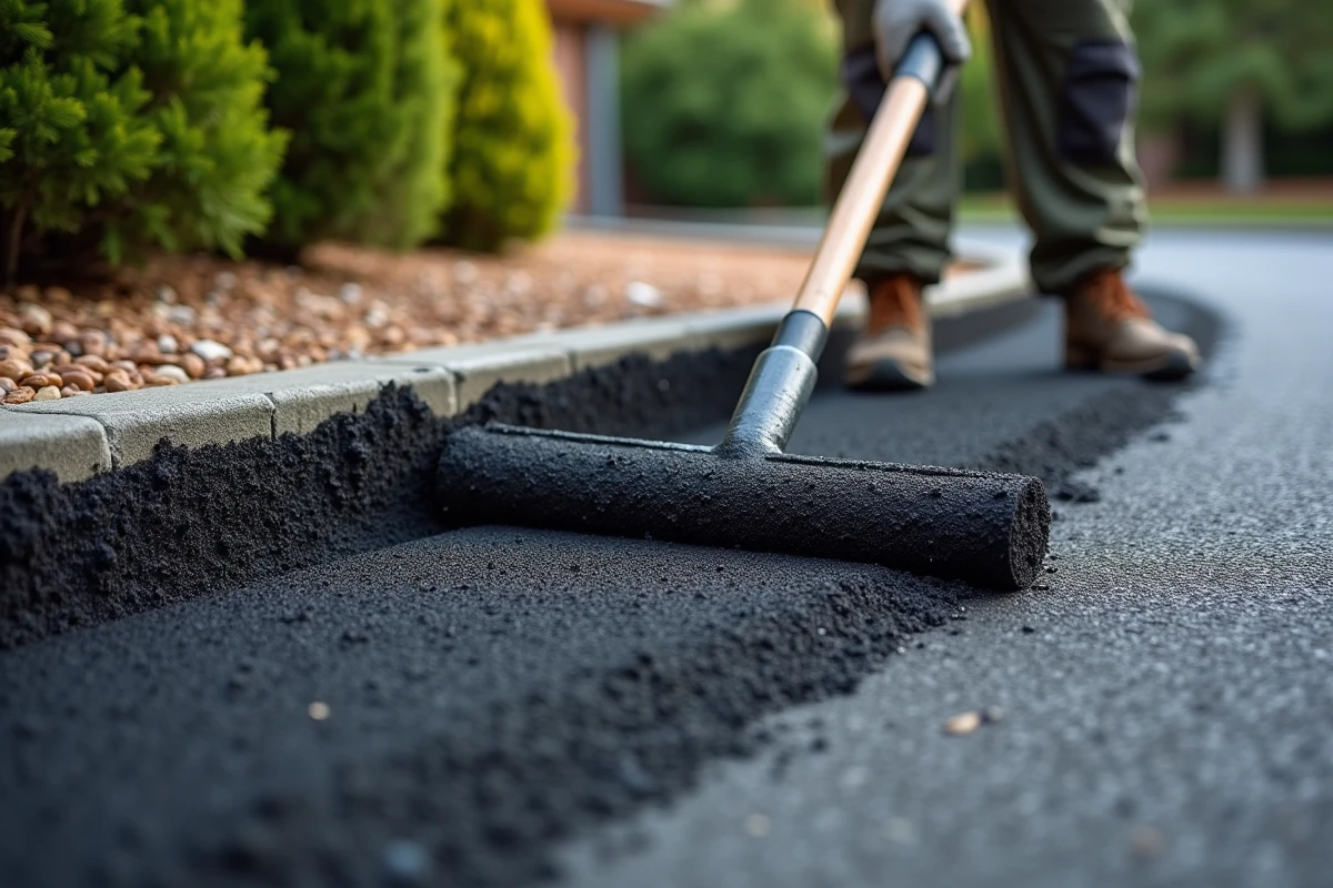 Gros plan sur le raclage et lissage d'une couche d'enrobé bitumineux fraîchement posé sur une allée