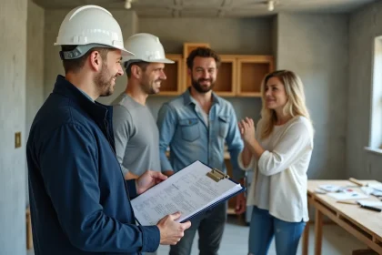 Entrepreneur en travaux discutant des plans de rénovation avec des propriétaires dans une cuisine en chantier