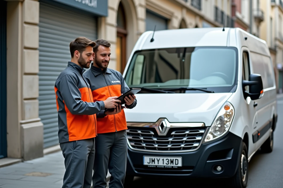 Équipe de techniciens Atlas Dépannage avec leur véhicule d'intervention devant un rideau métallique à Lyon