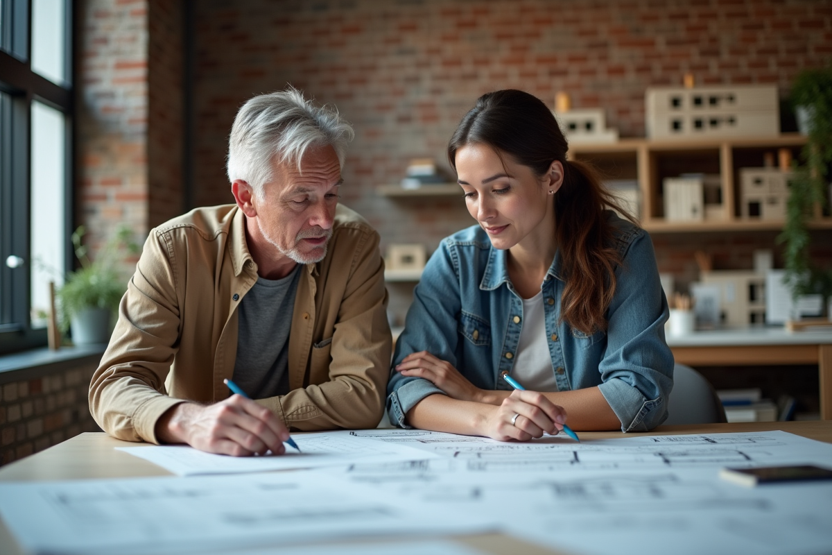 Architectes en réunion avec plans et maquettes