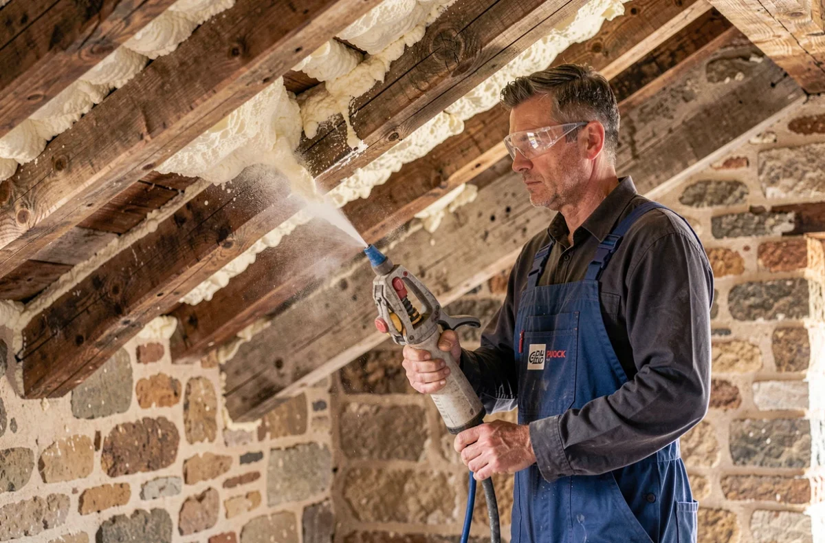 Ouvrier de l'entreprise EURL Busato appliquant de la mousse isolante dans les combles d'une maison provençale avec des poutres en bois apparentes
