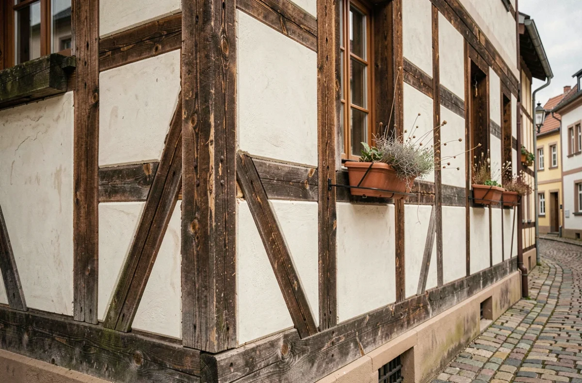 Détail de façade à colombages alsacienne avec poutres en chêne apparentes et enduit blanc dans un village historique