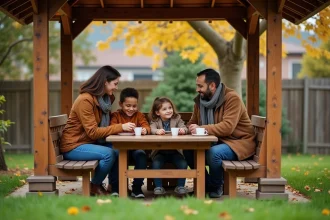 Famille de quatre dans un jardin avec gazebo en automne