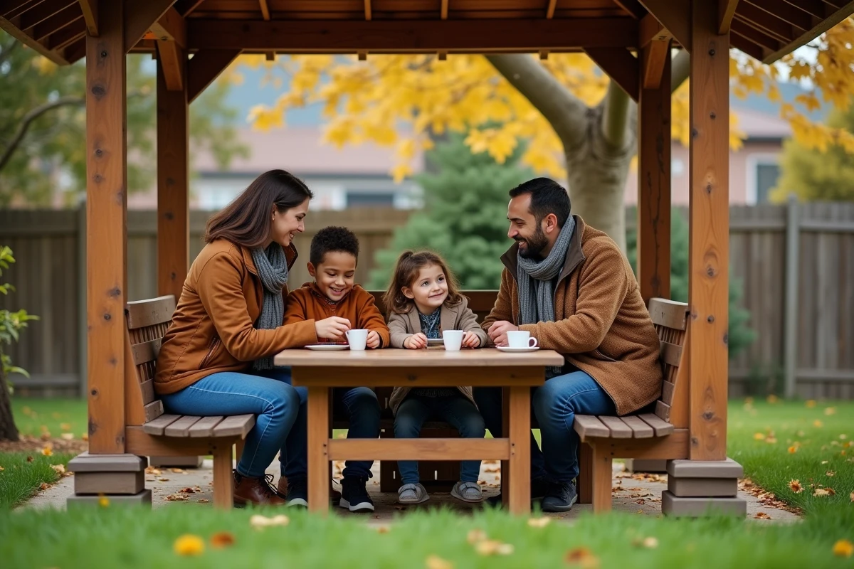Famille de quatre dans un jardin avec gazebo en automne