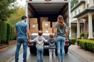 Famille de quatre devant un camion de déménagement rempli de cartons