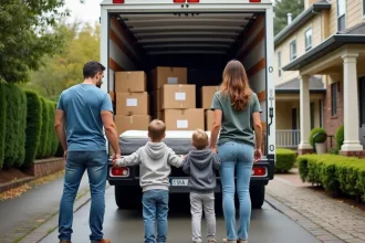 Famille de quatre devant un camion de déménagement rempli de cartons