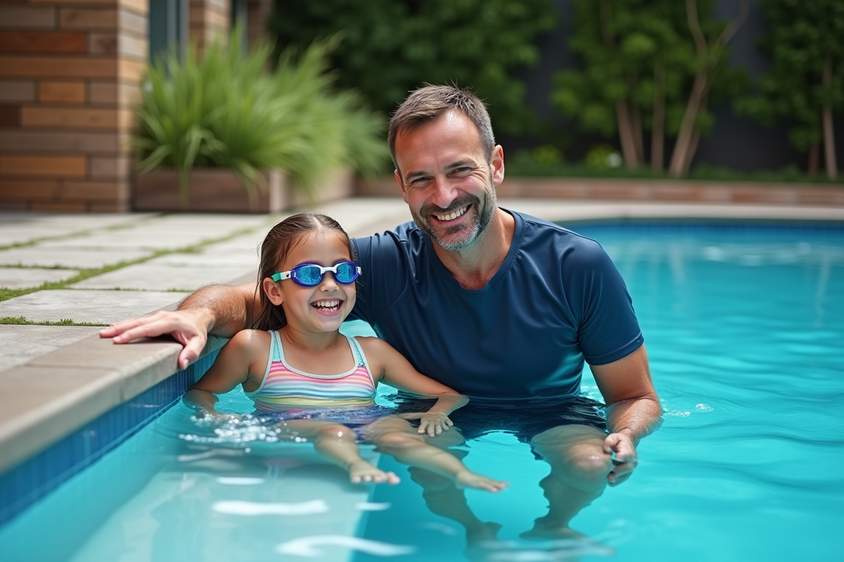 Famille profitant d'une piscine extérieure moderne en jardin