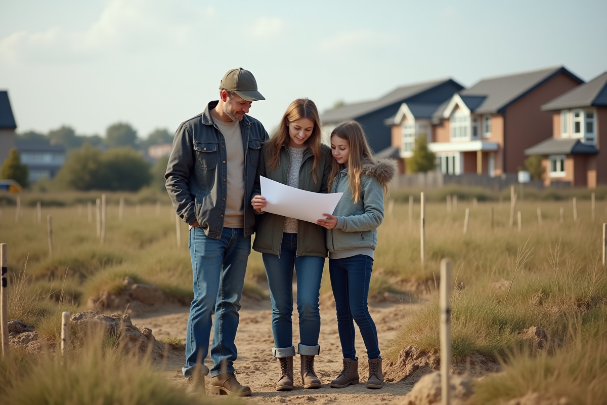 Famille regardant plans sur tablette sur le terrain