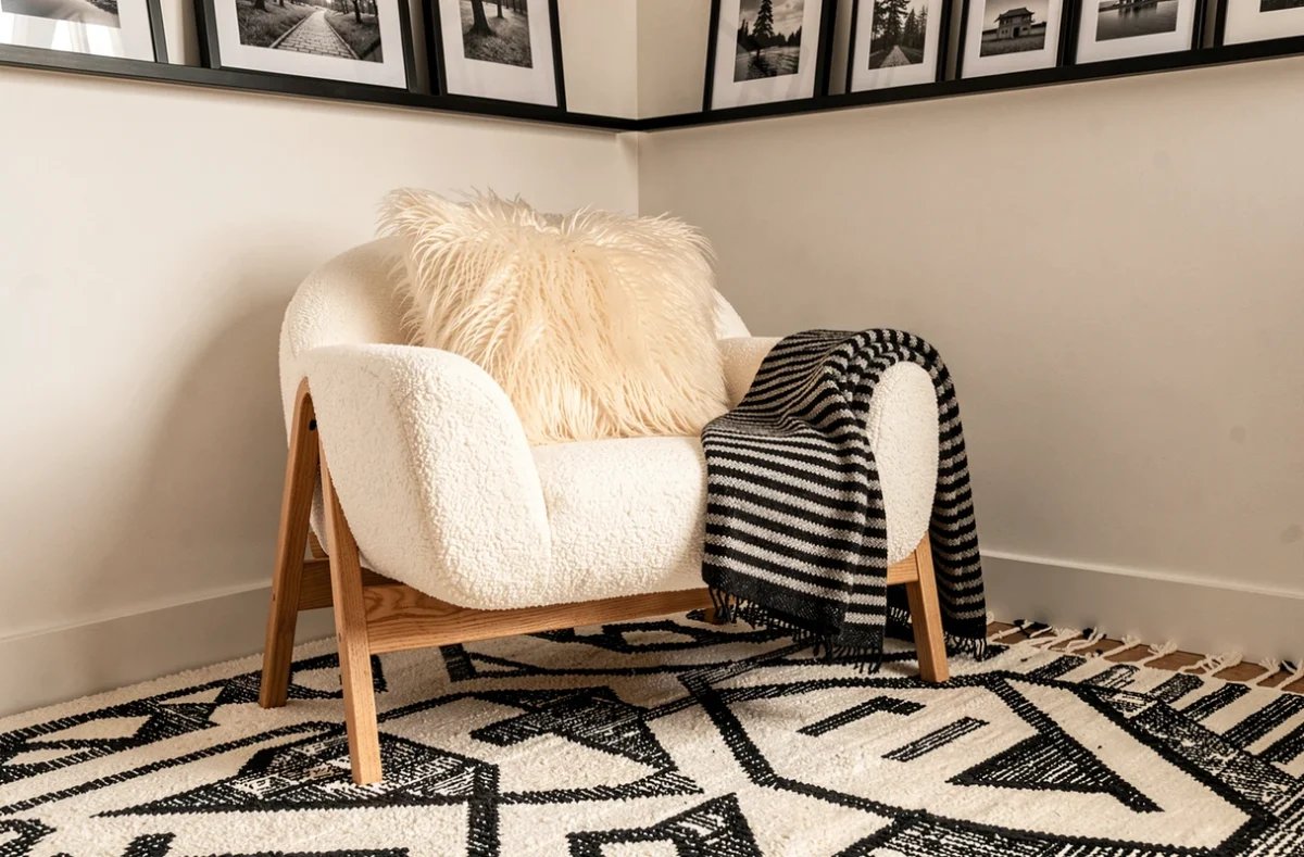 Coin salon scandinave noir et blanc avec fauteuil boucle blanc, coussin en fourrure synthétique et tapis en laine géométrique