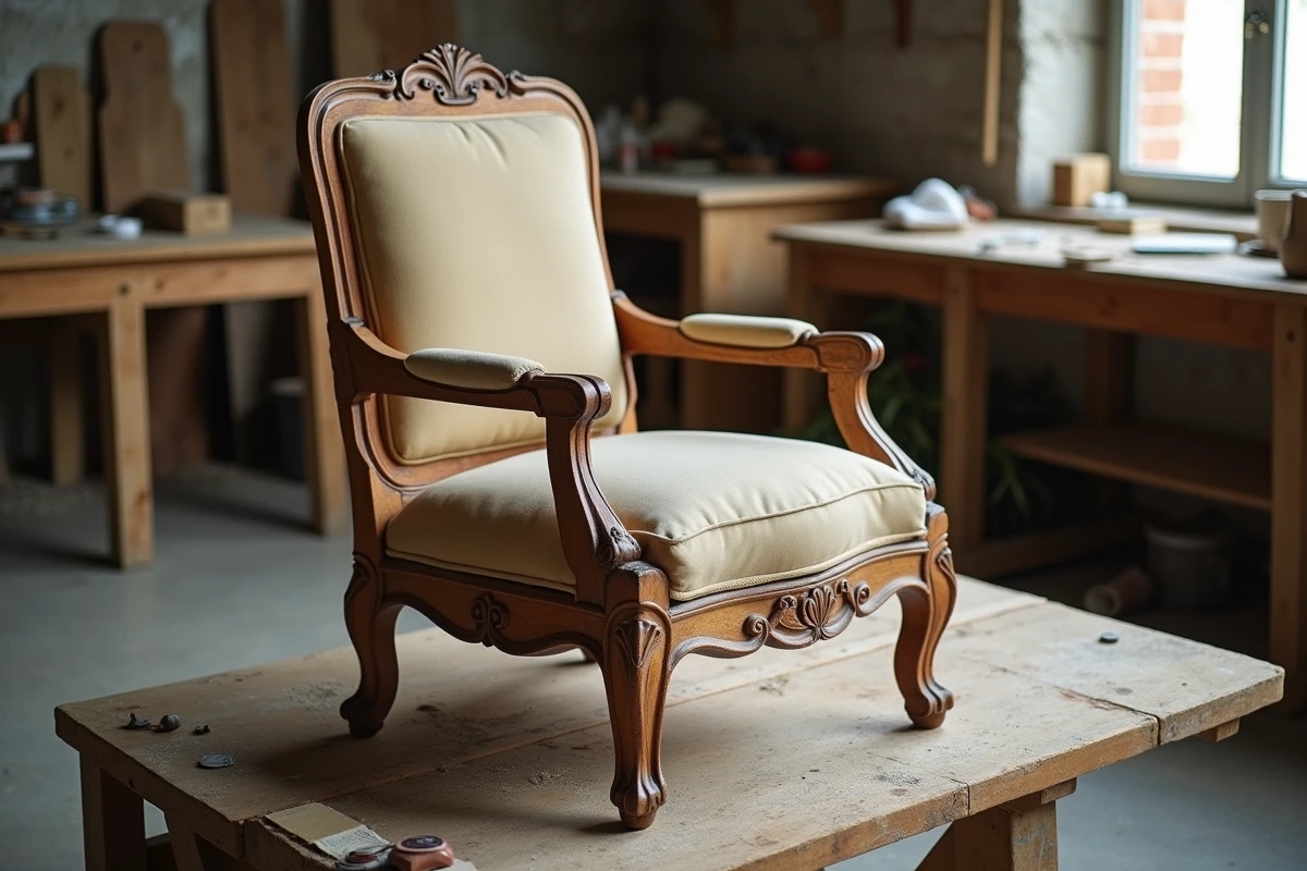 Fauteuil Voltaire en cours de restauration sur établi avec bois d'origine apparent et matériaux de tapisserie