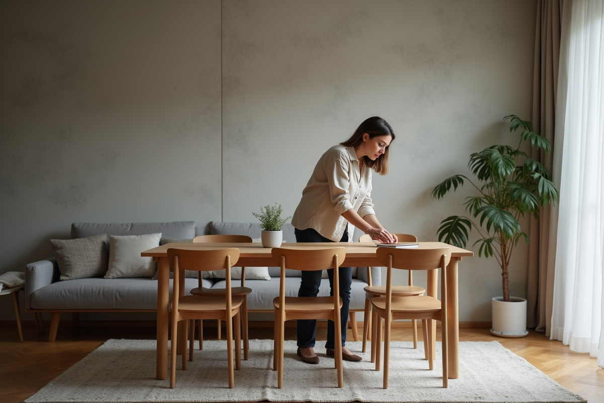 Femme moyenne âge arrangeant des chaises dans une salle à manger moderne