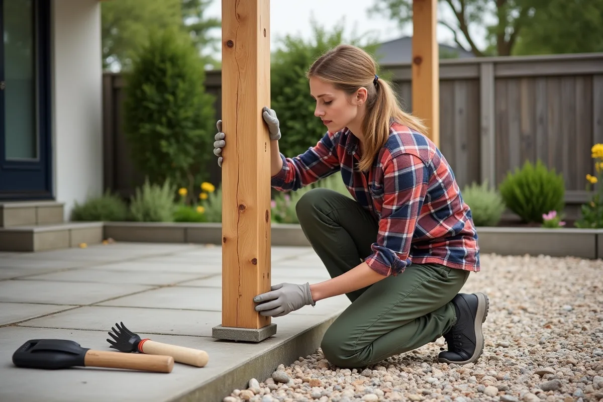 Jeune femme fixe une poutre de pergola dans le jardin