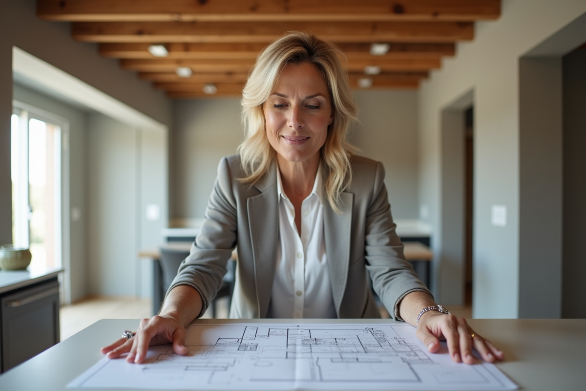 Femme en vêtements décontractés examinant des plans de rénovation