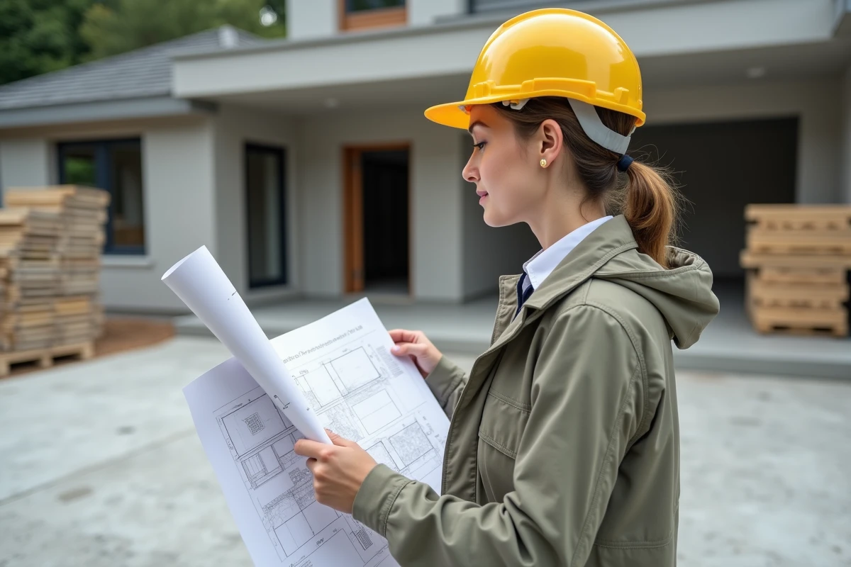 Jeune femme architecte observant le b&eacute;ton en chantier