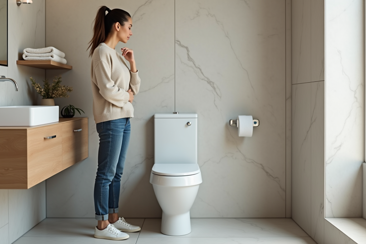 Femme détendue près d'une toilette moderne dans une salle de bain