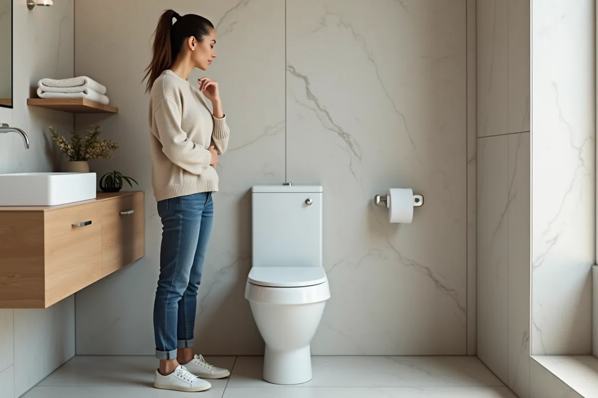 Femme détendue près d'une toilette moderne dans une salle de bain