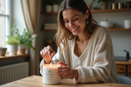 Femme en d&eacute;tente avec une bougie naturelle dans un int&eacute;rieur cosy