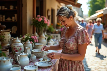 Femme d'&acirc;ge moyen achetant de la porcelaine vintage en brocante